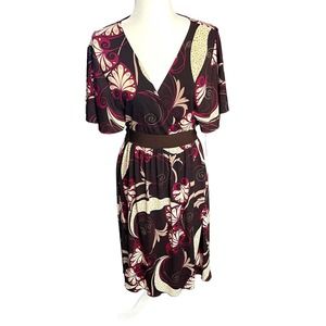 Y2K En Focus Studio Dress Women Size 14 Brown V-neck Floral Flutter Sleeve Knee